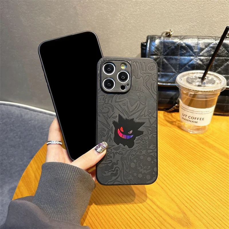 Cute Cartoon Gengar Emboss Leather Texture Laser Phone Case for iPhone 17 Air 16 15 14 13 12 Pro Max Shockproof Protective Cover
