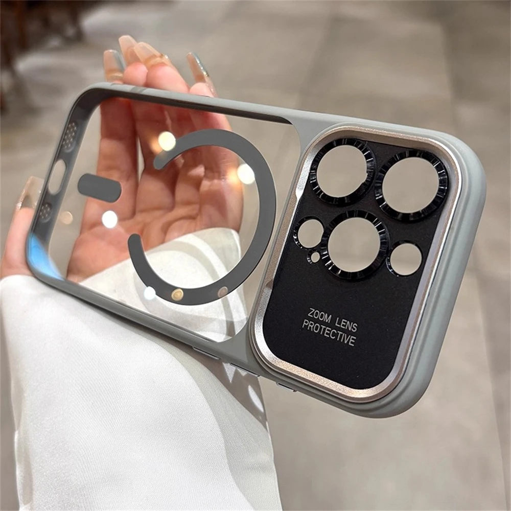 Luxury Magnetic Metal Lens Bumper Protection Case For iPhone 17 16 15 14 13 Pro Max Plus For Magsafe Acrylic Translucency Cover