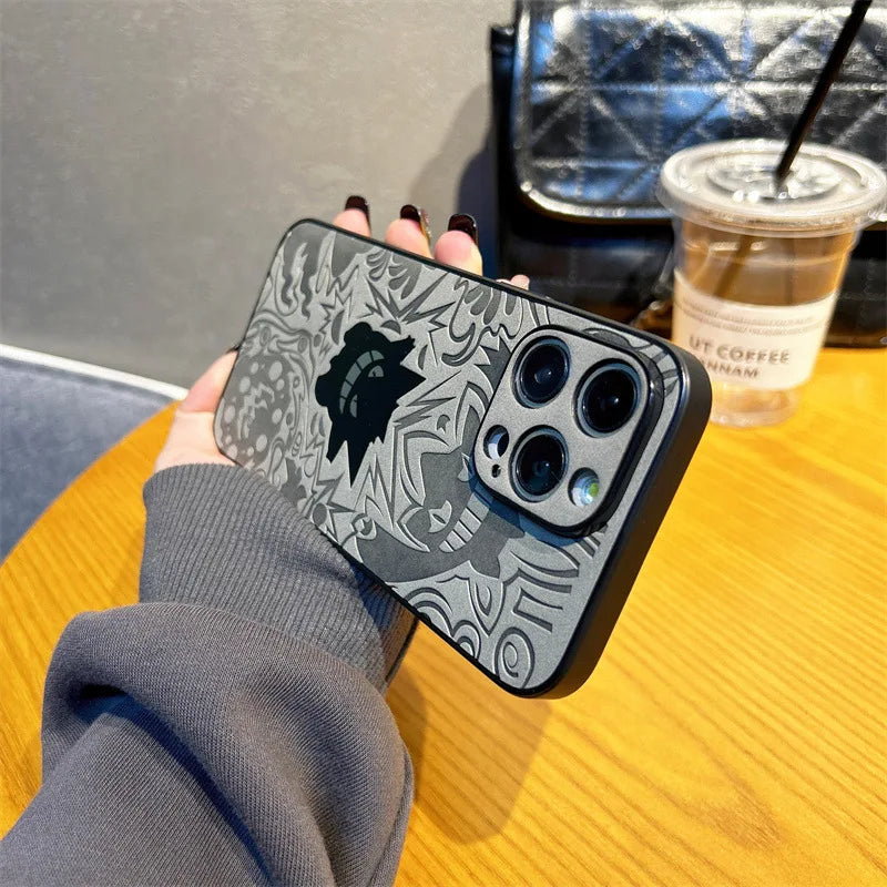 Cute Cartoon Gengar Emboss Leather Texture Laser Phone Case for iPhone 17 Air 16 15 14 13 12 Pro Max Shockproof Protective Cover