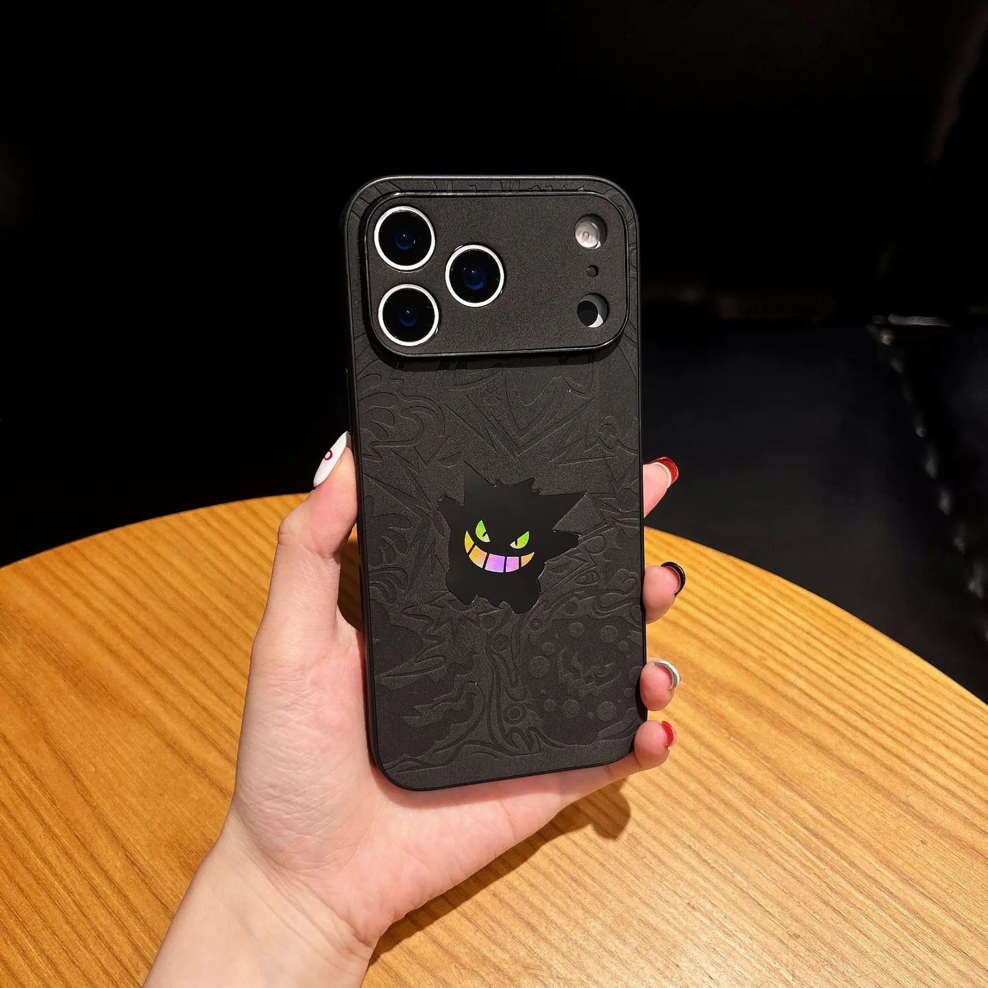 Cute Cartoon Gengar Emboss Leather Texture Laser Phone Case for iPhone 17 Air 16 15 14 13 12 Pro Max Shockproof Protective Cover