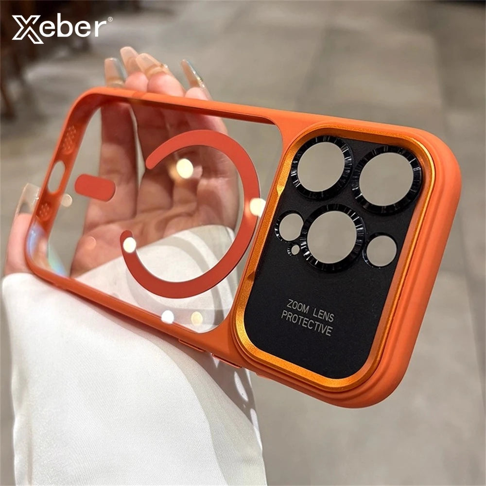 Luxury Magnetic Metal Lens Bumper Protection Case For iPhone 17 16 15 14 13 Pro Max Plus For Magsafe Acrylic Translucency Cover